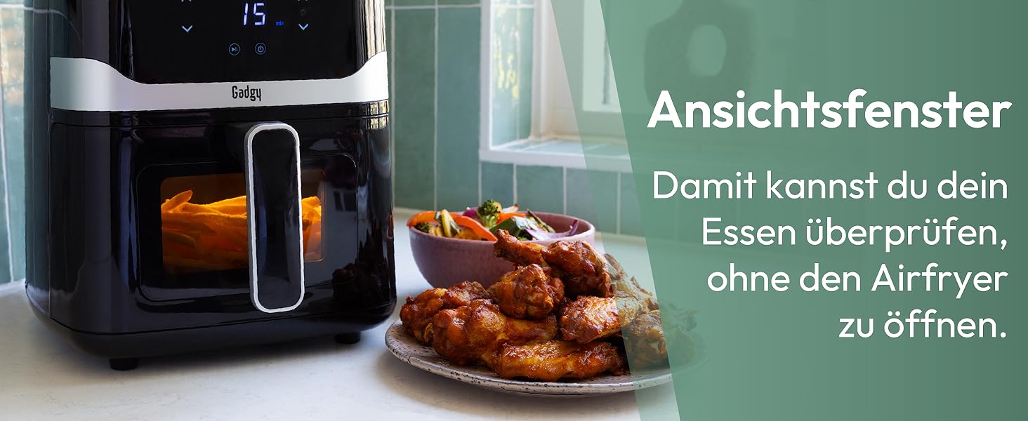 Фритюрниця без олії Gadgy 5L з цифровим дисплеєм та скляним вікном - Airfryer з антипригарним покриттям, 1400W, регулювання температури 80-200°C