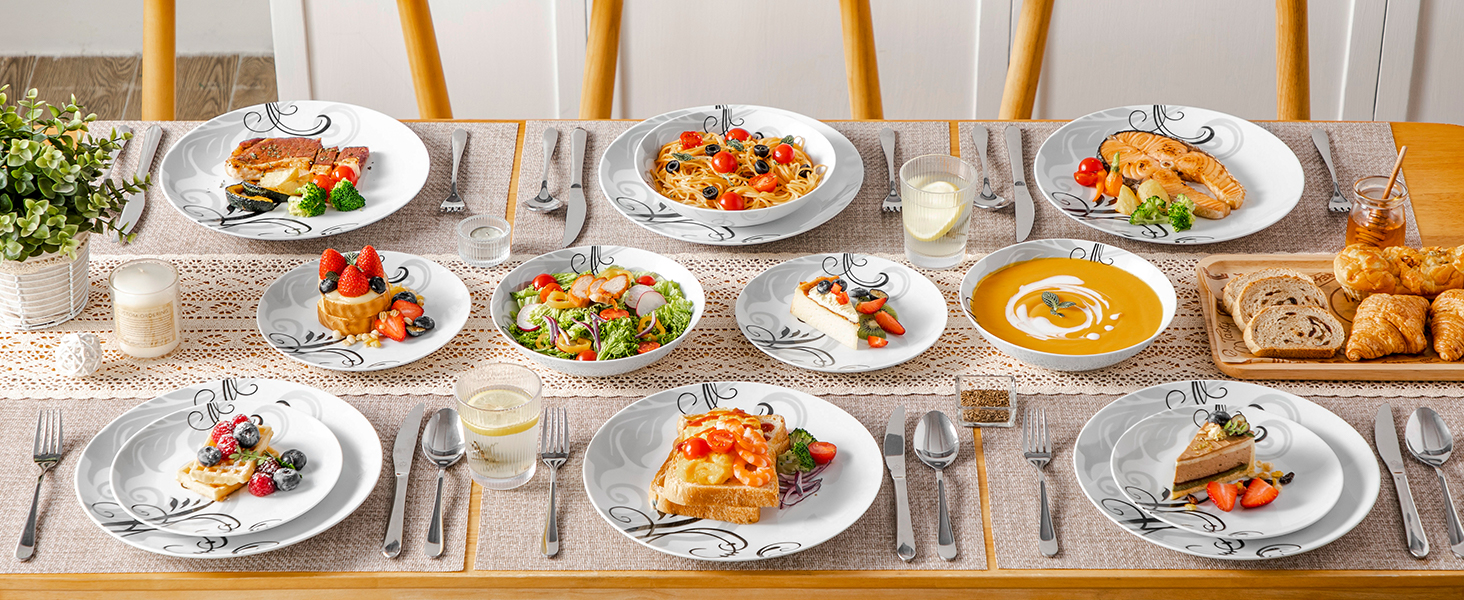 Набір посуду VEWEET 18 предметів на 6 осіб: тарілки, супові тарілки, десертні тарілки. Сучасний сервіз з порцеляни.