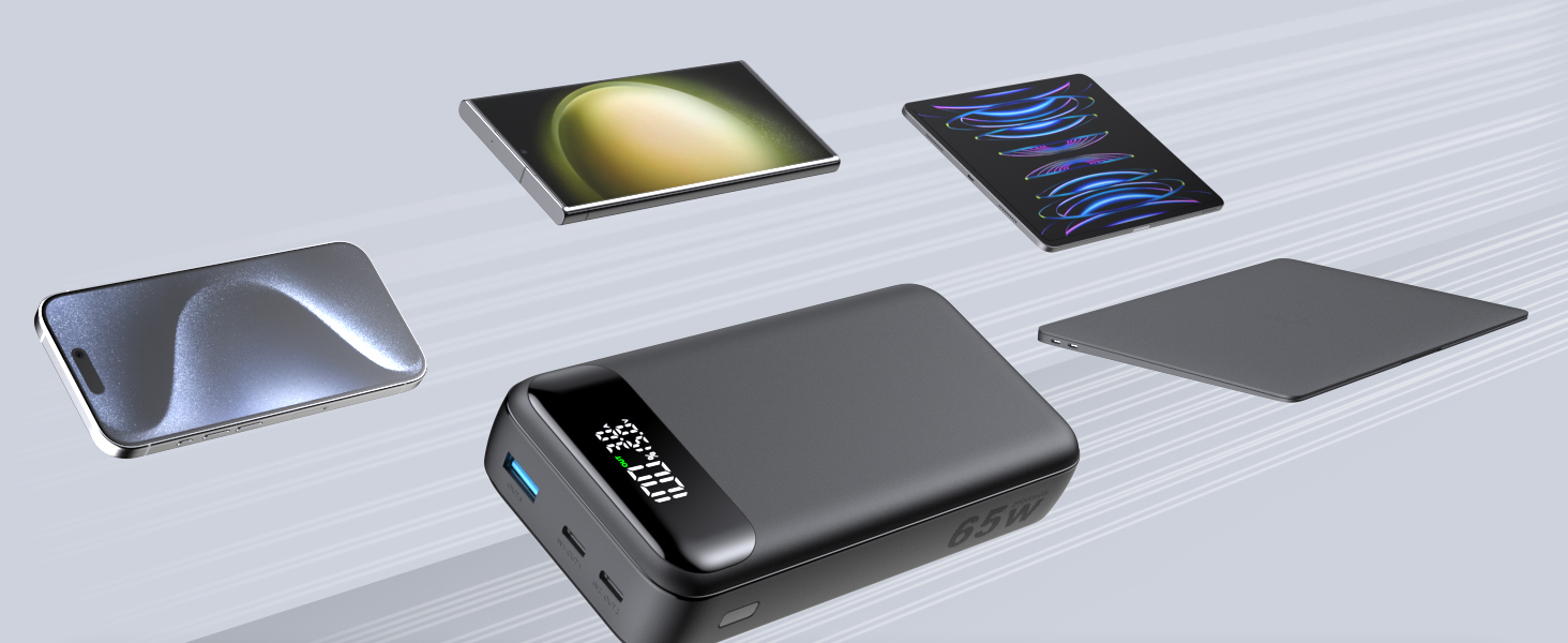 Power Bank ADDTOP 20000mAh 65W: зарядний пристрій для телефону та ноутбука (USB-C, чорний)