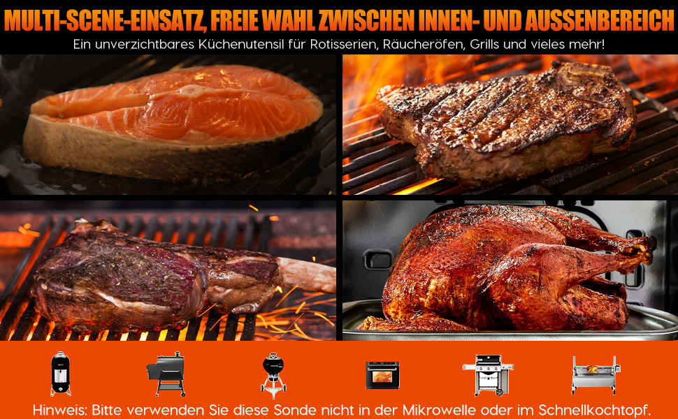Бездротовий термометр для м'яса, приготування на грилі та в духовці з Bluetooth, таймером та сигналом, для приготування на грилі, в духовці, BBQ, для кухні та гриля EM8