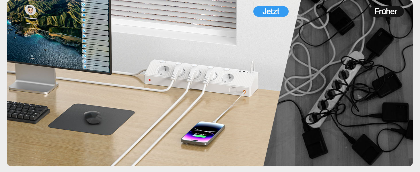 Мережевий адаптер PASSUS 5-fach з 2 USB-C (PD 30W), захист від перенапруги, індивідуальне вмикання, 10-в-1, кабель 2м, чорний