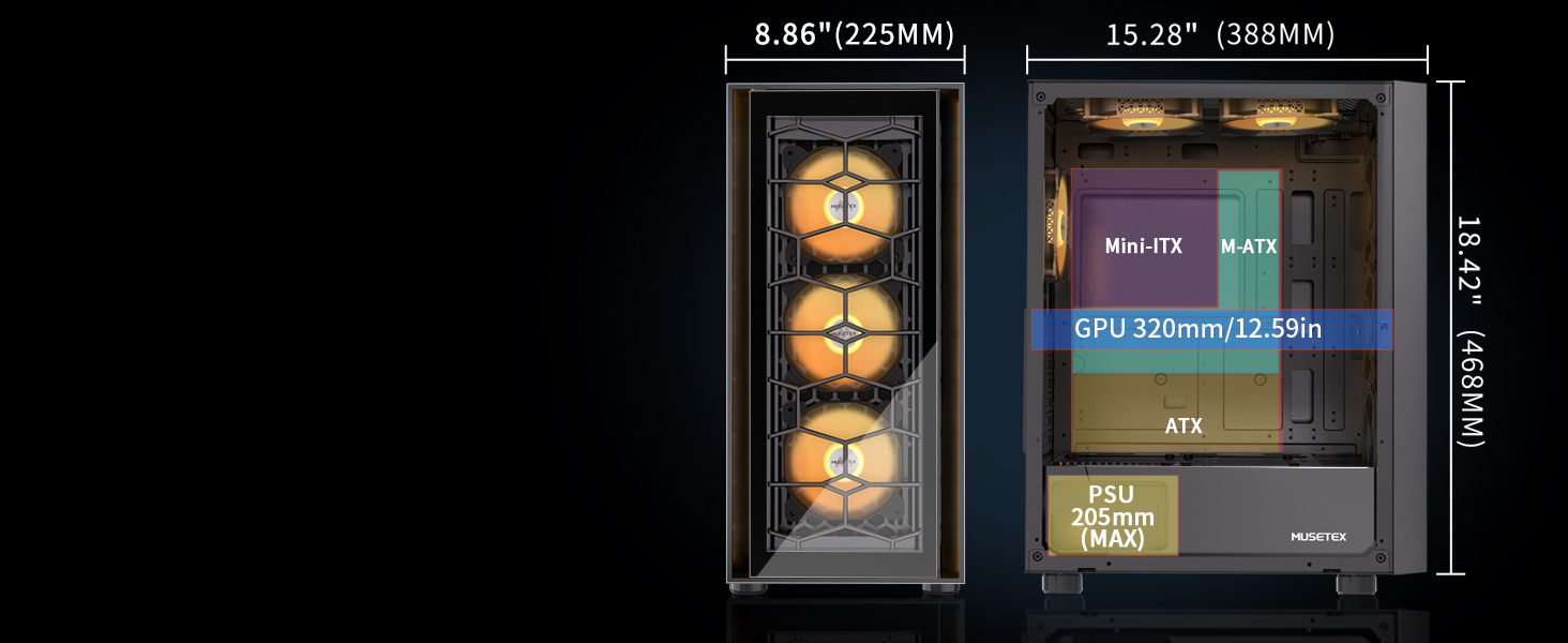 Корпус ПК MUSETEX G07 ATX з 6 вентиляторами ARGB, USB 3.0, чорний, Mid Tower для геймінгу