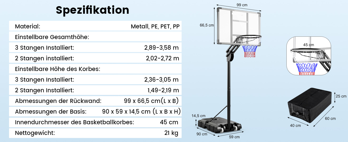 COSTWAY Adjustable Height Basketball Hoop System - Outdoor Mobile Basketball Stand with Wheels & Weight Bag (149-305cm)