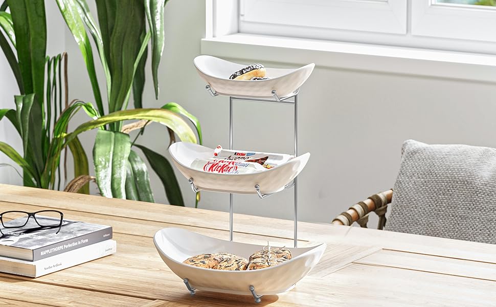 Багатоярусна фруктова тарілка Acliys 3 яруси з кераміки для кухні, зберігання фруктів, овочів, снеків, десертів