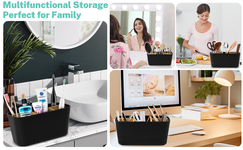 Підставка для зубних щіток з бамбуковими перегородками, органайзер для зубних щіток на 4 відділення + місце для пасти, чорний