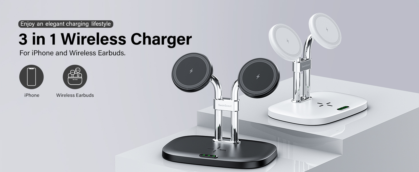 Бездротова зарядка SwanScout для iPhone 17/Air, AirPods Pro 3/2, 2 телефони (біла)