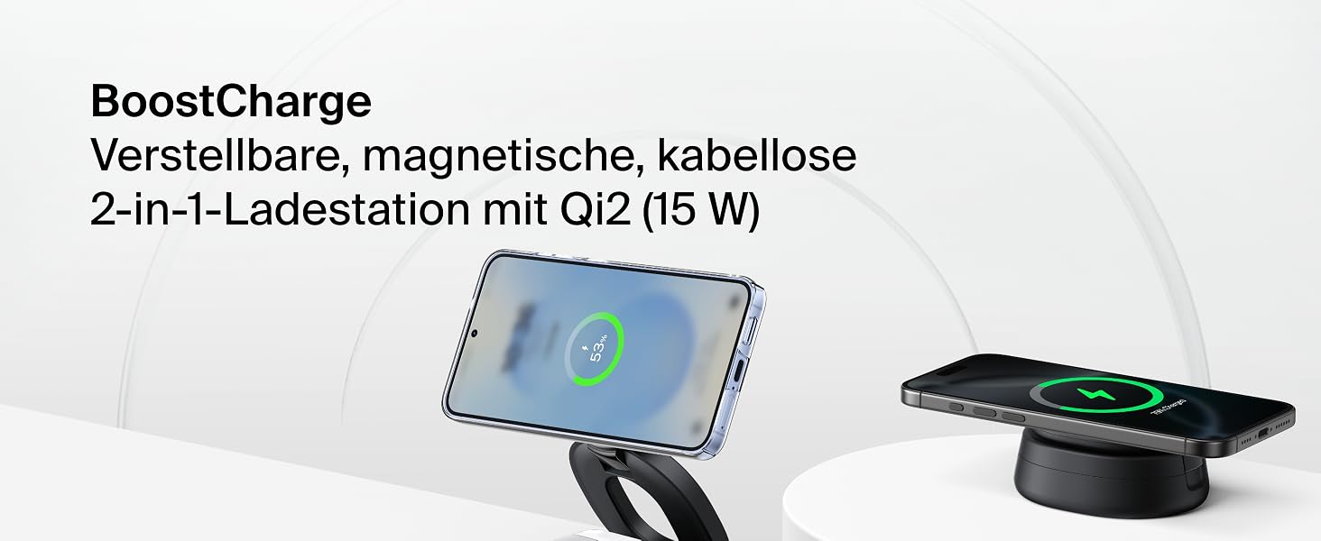 Бездротова зарядна станція 2-в-1 Belkin BoostCharge Qi2 15W MagSafe для iPhone 17, AirPods, Pixel, з блоком живлення 30W, чорна