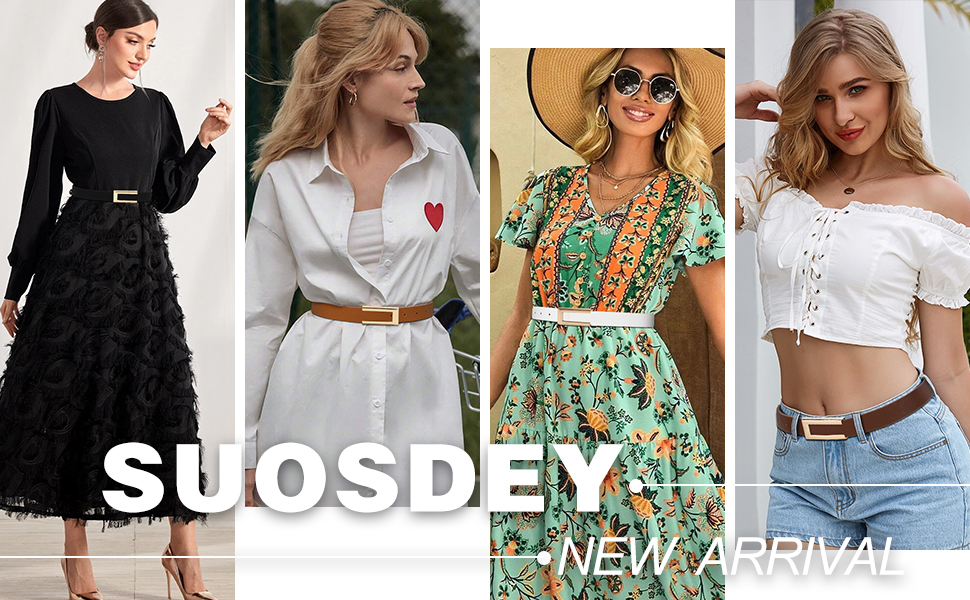 Жіночий тонкий шкіряний ремінь SUOSDEY з золотистою пряжкою (2 шт.), чорний+бежевий, 100 см, розмір талії 70-84 см