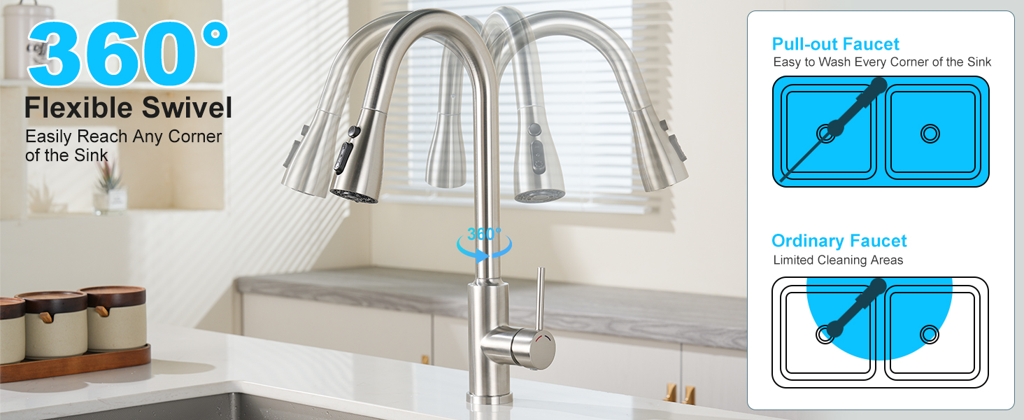 Змішувач кухонний висувний з високим напором, 360° обертання, 4 режими, нержавіюча сталь, ABS-розпилювач, для одного отвору, G3/8 з'єднання (тільки для ЄС)