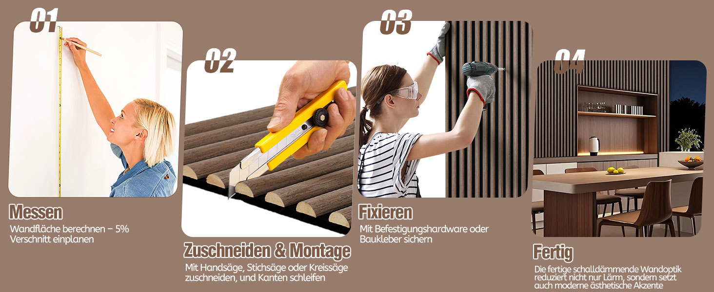 Акустичні панелі з дерева та фетру для стін 120x60 см, шумопоглинаюча обробка інтер'єру, чорний горіх (комплект 4 шт, 2.88 м²)