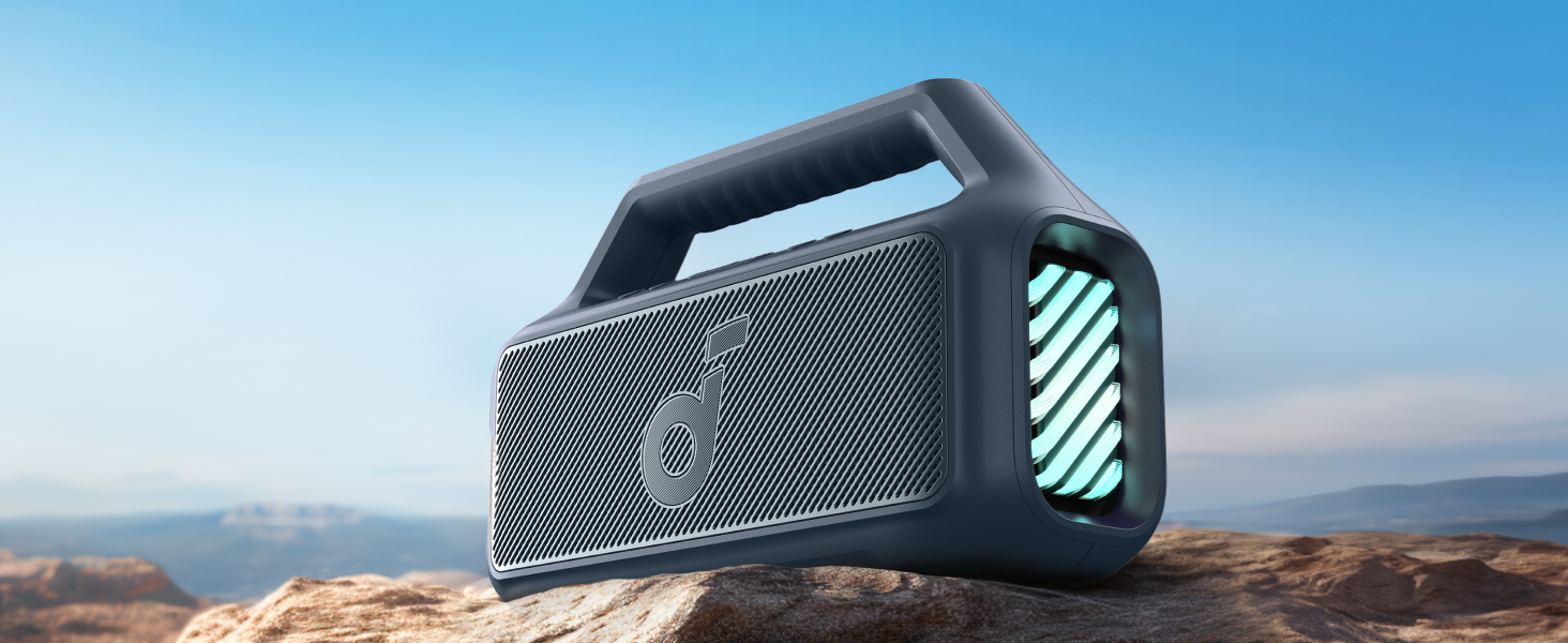 Soundcore Boom 2 - портативна Bluetooth колонка, 80W, сабвуфер, LED-підсвічування, IPX7, 24h, USB-C, BT 5.3, для кемпінгу, пляжу, саду (блакитна)
