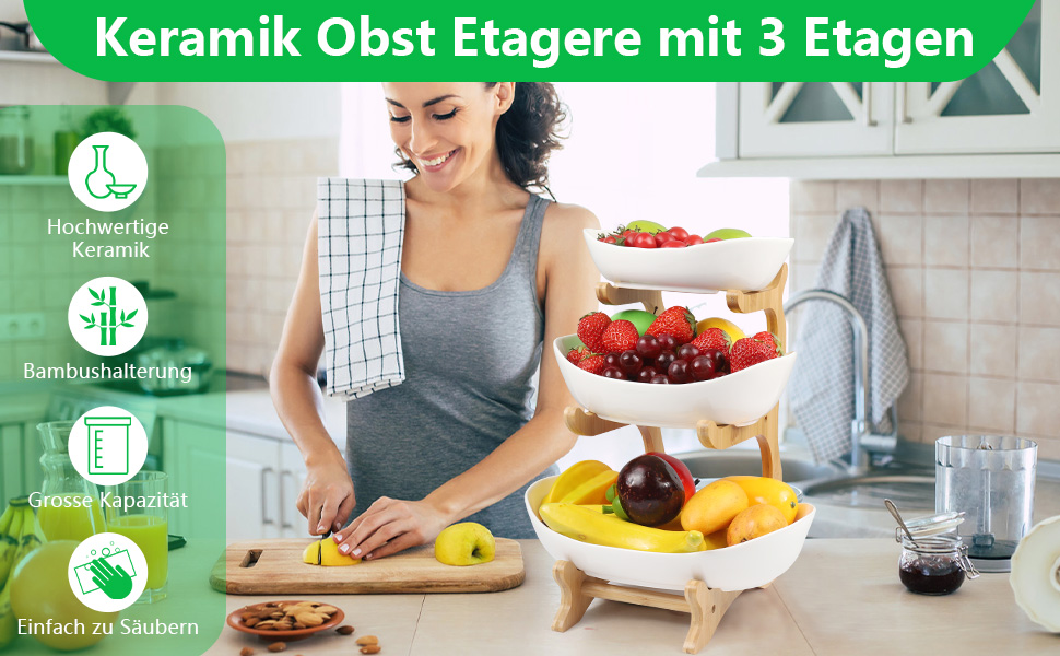 Керамічна етажерка для фруктів Dreamhigh® з 3 ярусами, економна та стійка, сучасна фруктова та овочева миска з бамбуковою підставкою