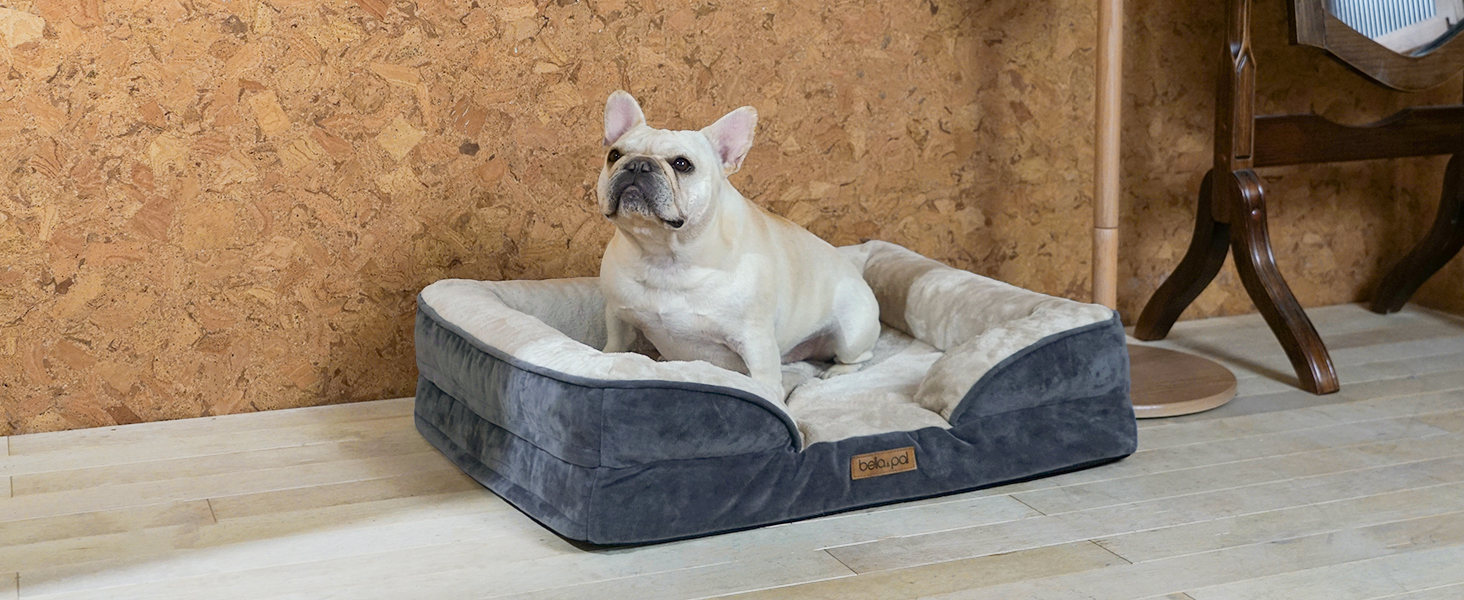 Ортопедичне ліжко для собак BELLA & PAL, 71x59 см - комфортне собаче ліжко з ефектом пам'яті, водовідштовхувальна підкладка, знімний фланелевий чохол, протиковзке дно, сіре