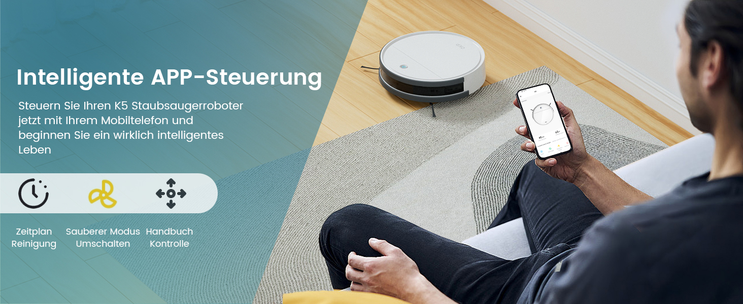 Робот-пилосос OKP з функцією миття, 2100Pa, K5B, для видалення шерсті тварин, з базою для зарядки, сумісний з Alexa та керуванням через додаток/пульт