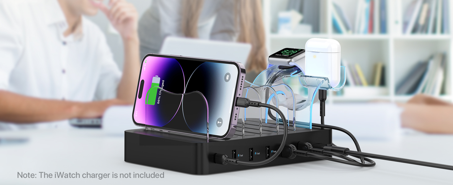 Зарядний хаб SooPii USB 60W/12A з 6 портами, органайзер для декількох пристроїв, з тримачем для Apple Watch, 6 кабелів у комплекті (Чорний)