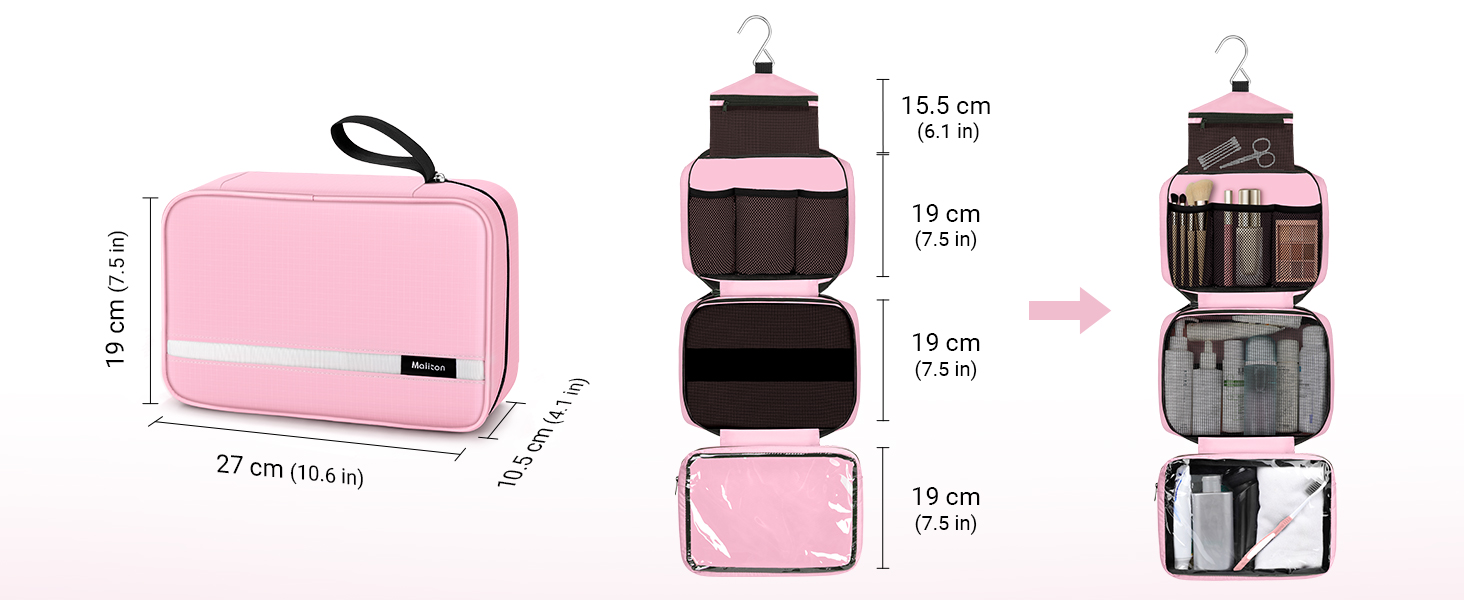 Сумка для косметики Maliton з підвішуванням, водонепроникна | Велика дорожня сумка для подорожей, ділових поїздок, спорту, плавання | Косметичка для жінок та чоловіків з 4 відділеннями, складна та компактна (Рожева)