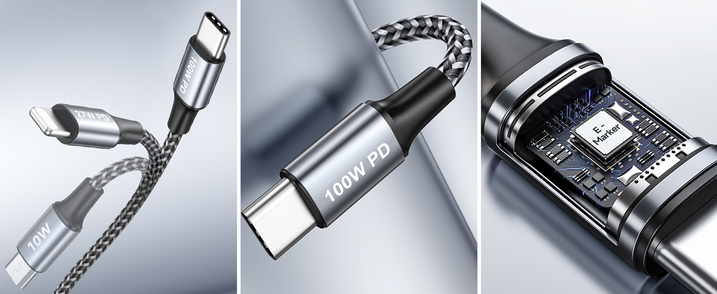 Кабель RAVIAD 100W USB-C 3-в-1 (1.2м) з E-Mark для iPhone, Galaxy, MacBook