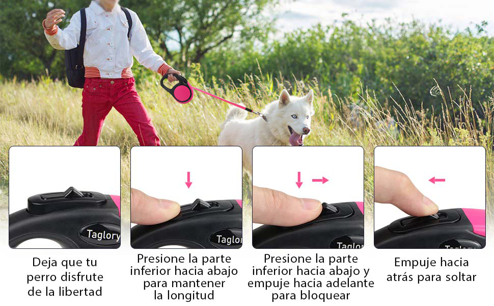 Висувна поводок для собак Taglory, 5м, рожевий, для середніх та великих собак до 45 кг, з надійним гальмом та антиковзним ручками