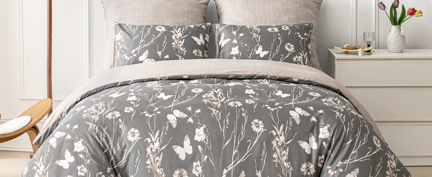 Комплект постільної білизни Tokokimo 220x240 3шт - комплект з 2 наволочками 80x80 см, з блискавкою, квітка, мікрофібра, для двоспального ліжка, сіро-коричневий