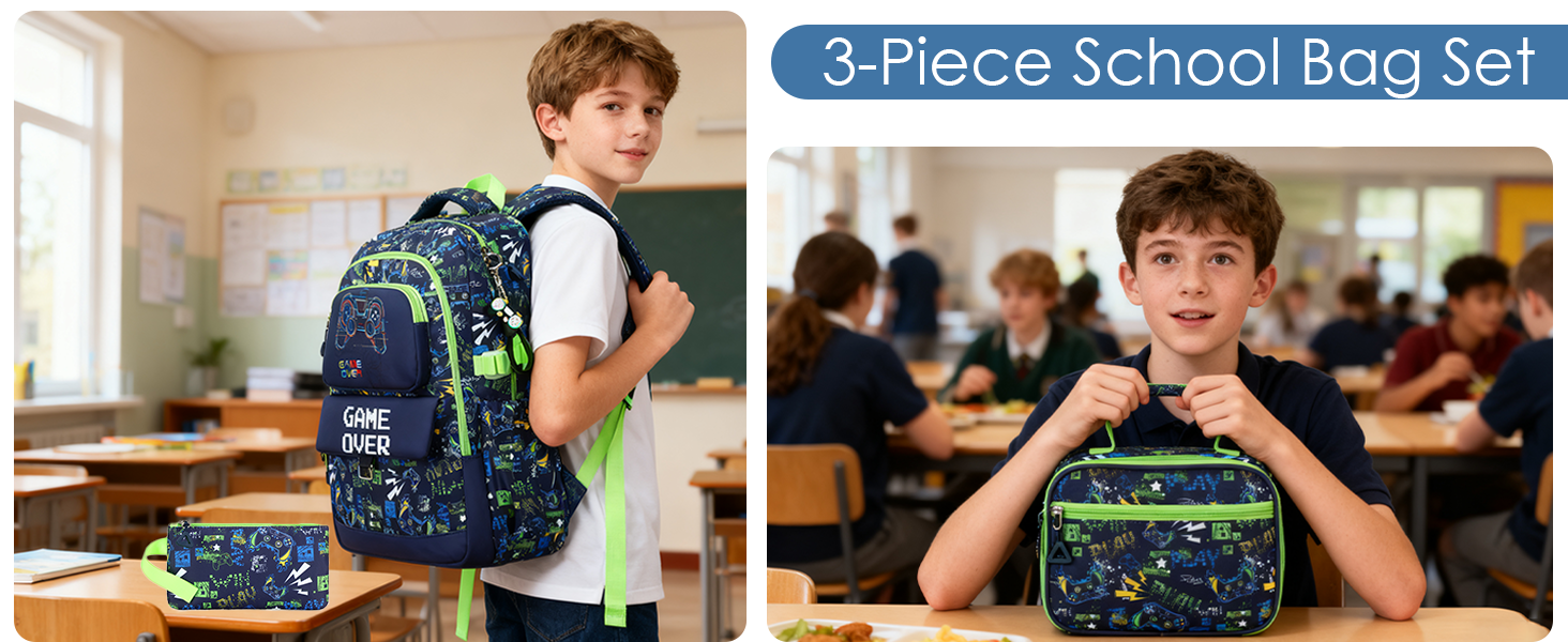 Набір шкільних рюкзаків Makukke для підлітків, геймерський дизайн, з ланч-боксом та пеналом