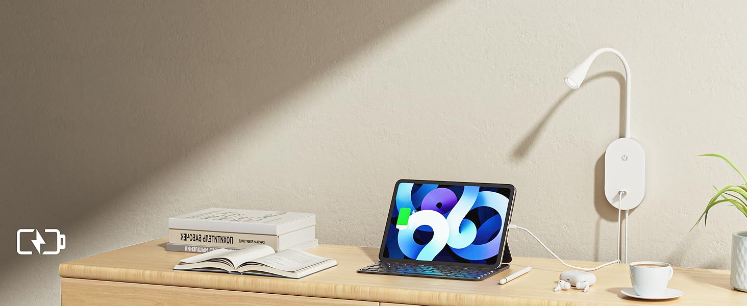 Нічник-лампа для читання Wandleuchte з USB, 5 рівнів яскравості, сенсорне керування, гнучкий кронштейн, білий
