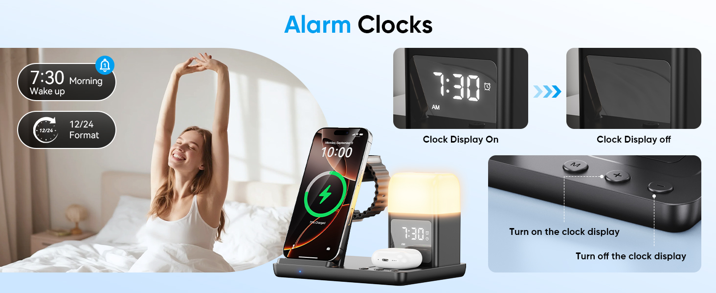 Бездротова зарядка для iPhone 17/16/15/14/13/12, 6-в-1 з нічною лампою та будильником, сумісна з Apple Watch та AirPods (Білий/Чорний)