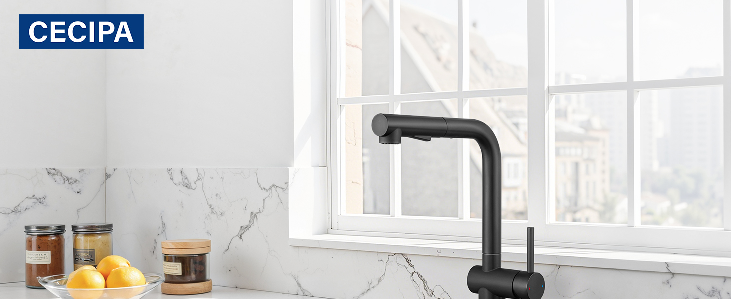 Кран кухонний CECIPA Hochdruck чорного кольору, висувна модель з душем, двома режимами струменя, поворотний на 360°, з нержавіючої сталі, ×207B (L-подібний, високий тиск)