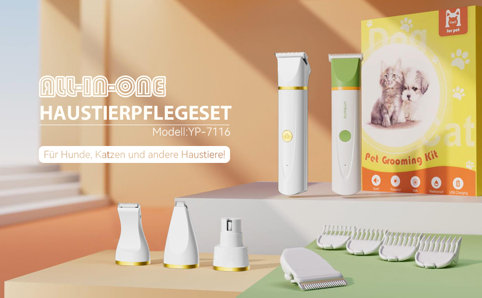 Машинка для стрижки собак і котів Leise, акумуляторна, 7000 об/хв, 4 насадки для догляду за лапами, очима, вухами, обличчям та тілом