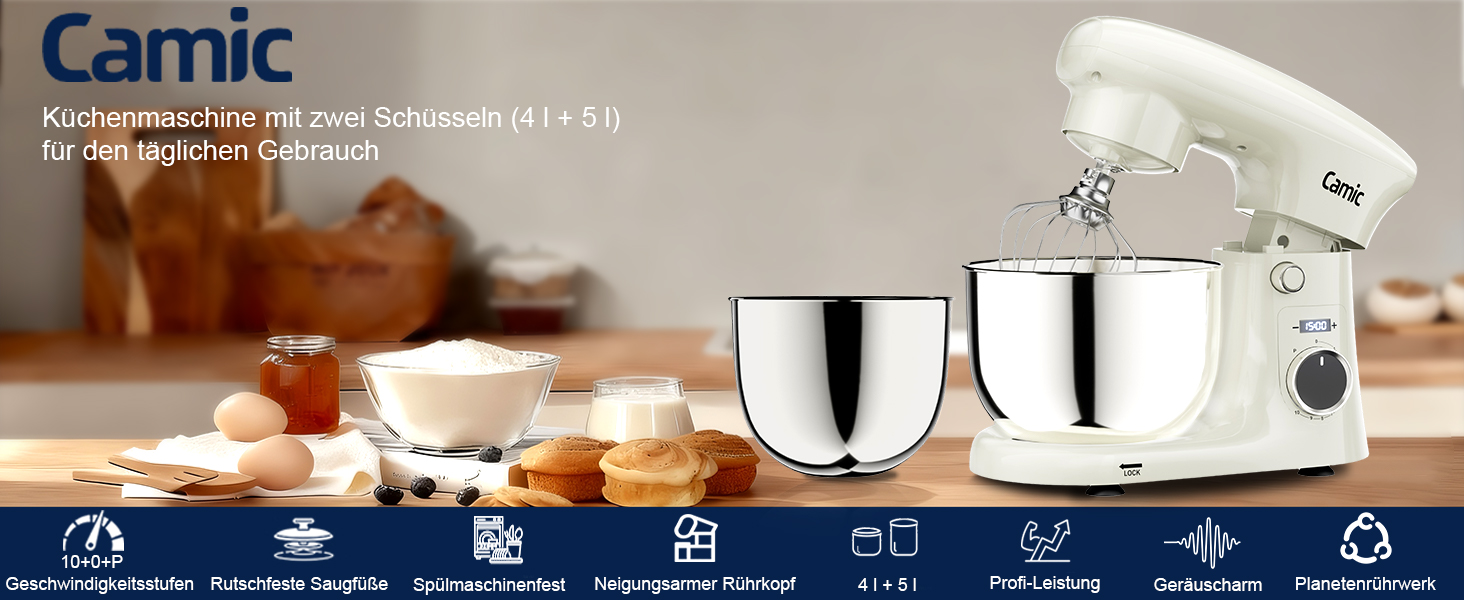 Кухонна машина Camic з 3 насадками (гак, міксер, вінчик), планетарний міксер з LED-дисплеєм, 10 швидкостей, 2 чашами з нержавіючої сталі 4Л та 5Л, для тіста, хліба, піци та тортів (Білий)