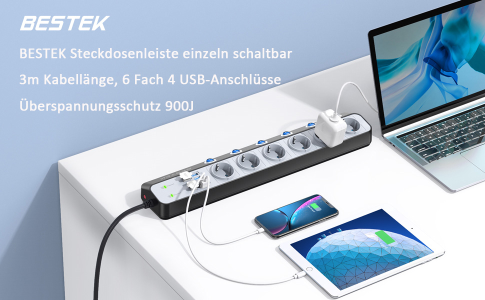 BESTEK Розподільник розеток 6-fach з USB, захист від перенапруги 900 Дж, настінний, з вимикачем, синьо-білий, кабель 3 м