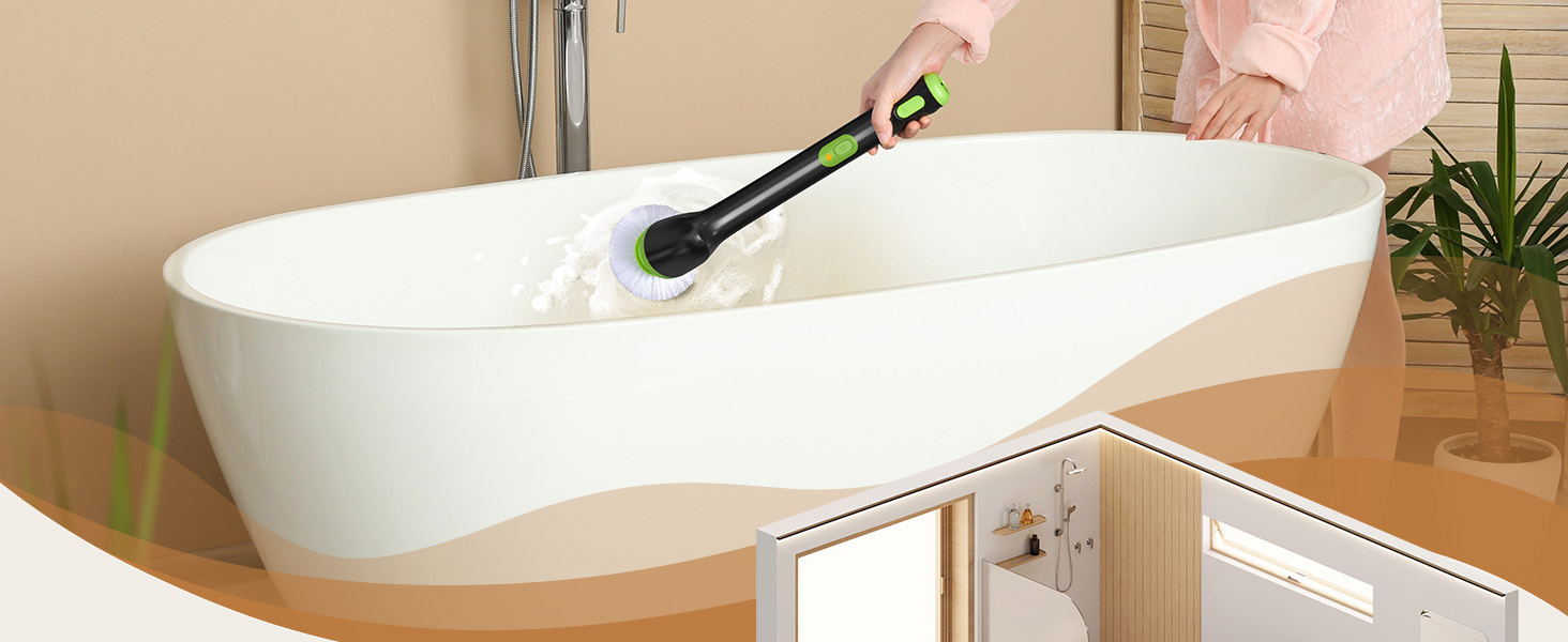 Електрична щітка для прибирання LyriFine, водонепроникна IPX7, з довгим руків'ям, 2 швидкості, змінна насадка, для ванної кімнати, білий (світло-зелений)