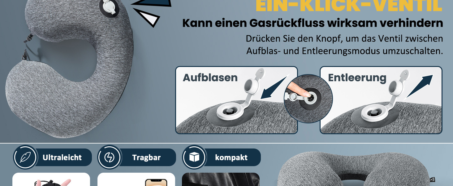 Подушка для шиї HIKENTURE надувна для подорожей літаком/поїздом з чохлом. Зручна подушка-ворітниця для дорослих. Кольори: синій, темно-сірий.