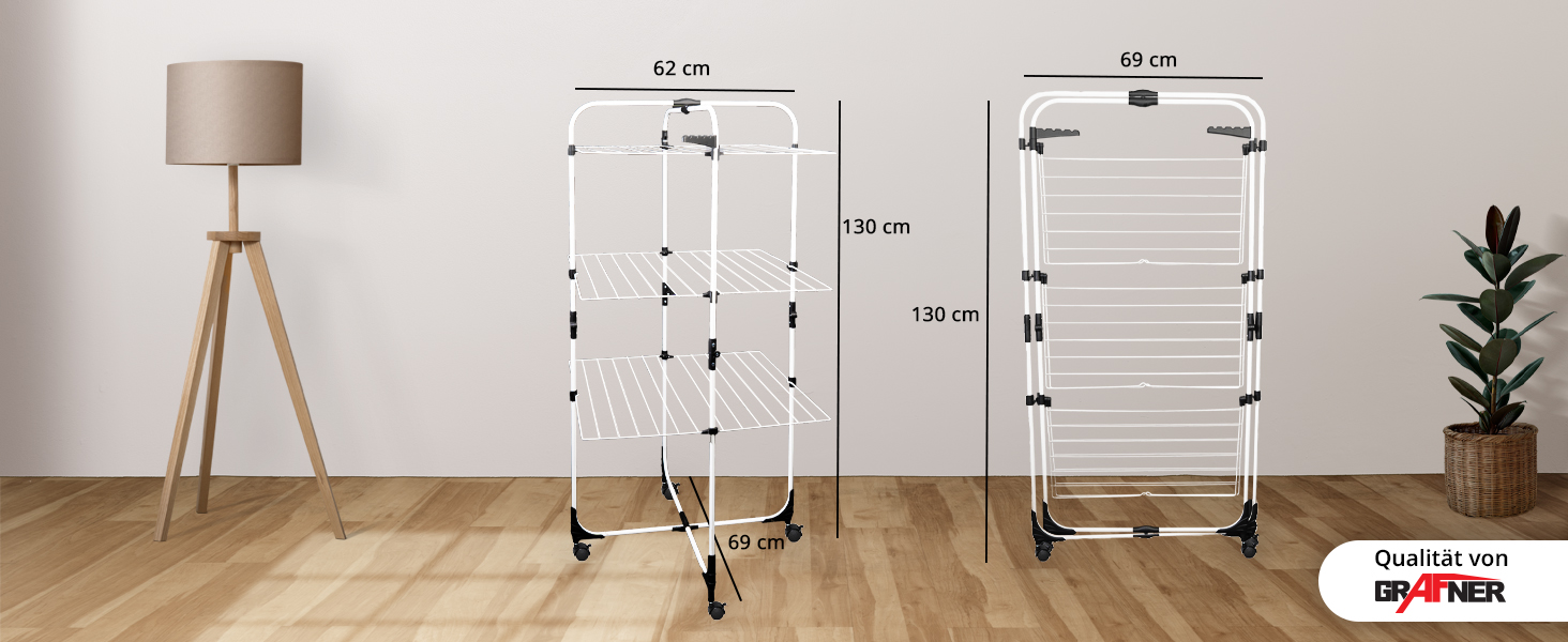 Сушарка для білизни Grafner Turm з колесами, 30 метрів мотузки, 3 яруси, 6 крил, розкладна та компактна