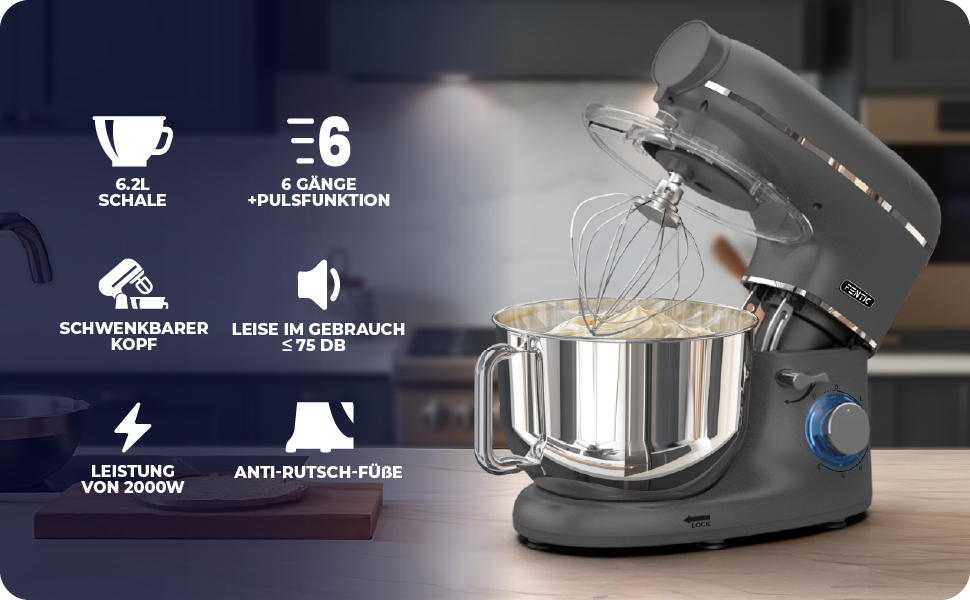 Кухонна машина з тістомісом та машиною для пасти – 2000W, з нержавіючою чашею 6.2L (сіра)