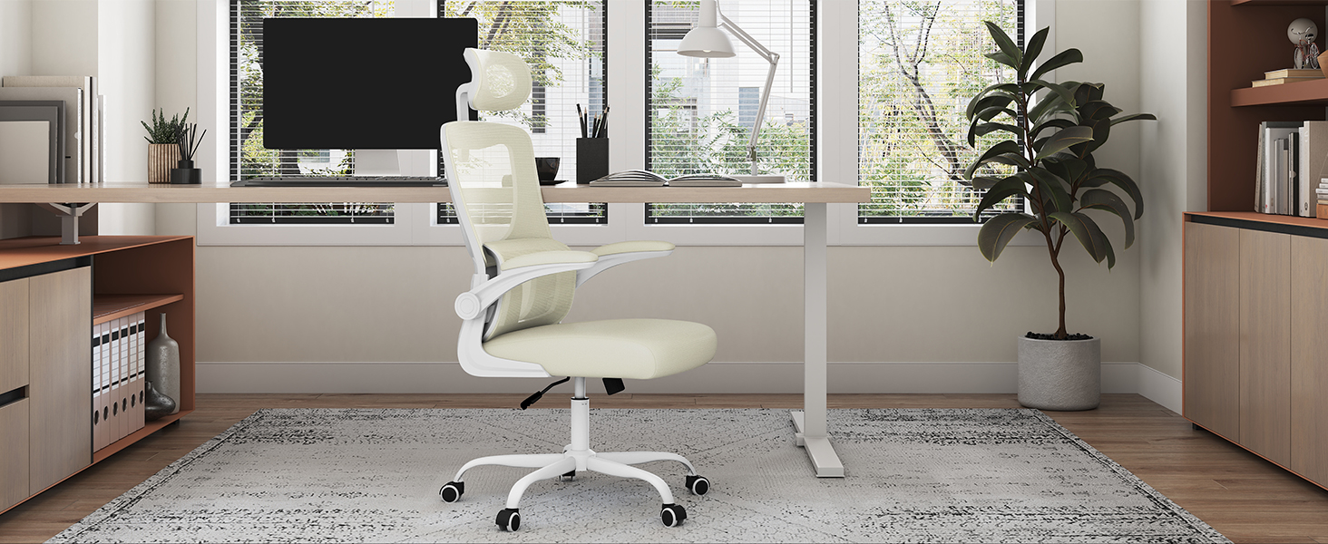 Крісло офісне WOLTU ергономічне, крісло для робочого столу з функцією гойдання, регульована підголовник, поворотні підлокітники, підтримка попереку, офісне крісло для офісу, витримує 150 кг (Бежевий)