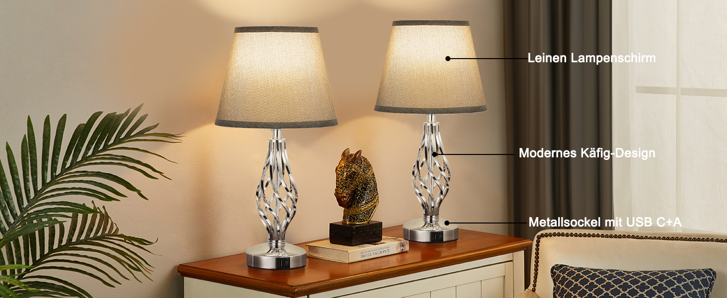 Настільна лампа Kakanuo 2 шт. з USB зарядкою, диммуванням та LED-лампочками, сірий абажур. Сучасний дизайн для спальні, вітальні, офісу.