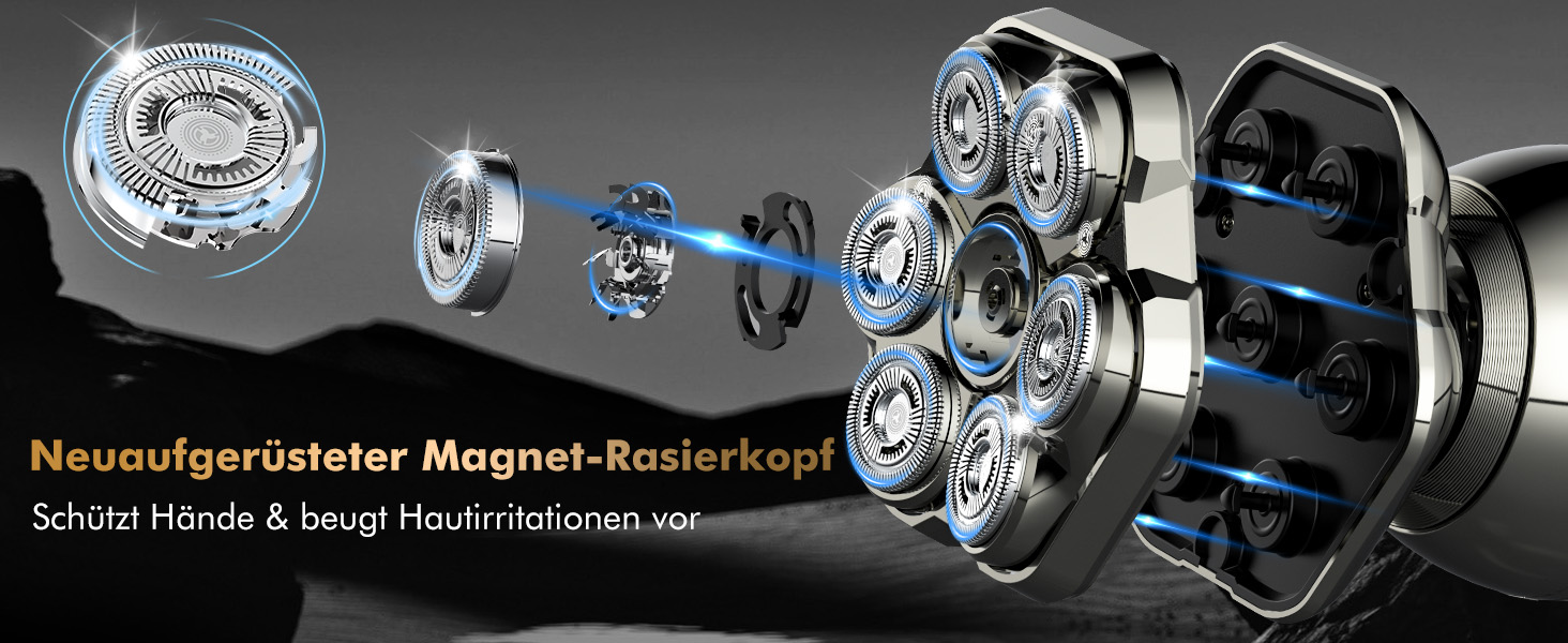 Електричний голкострум для гоління голови чоловічий 6-в-1 з плаваючою голівкою 7D, IPX7, вологостійкий, з тримером для носа - ідеальний для подорожей