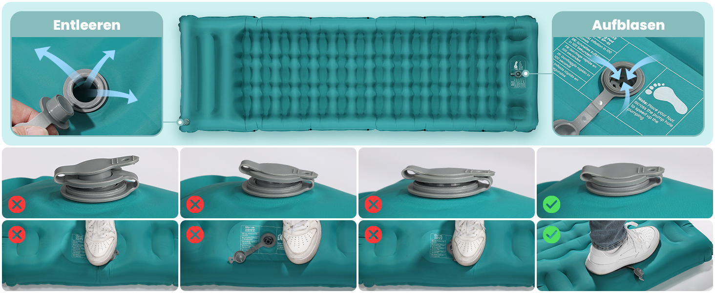 Glymnis Isomatte Camping Air Mattress - 9cm Thick, with Foot Pump & Pillow - Ultralight Outdoor Sleeping Pad for Camping, Hiking, Travel - Army Green/Turquoise