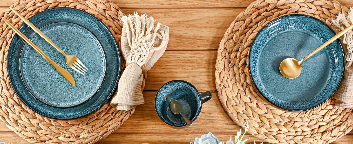 Набір посуду SÄNGER Vigo (18 предметів) | Керамічний набір посуду на 6 осіб | Тарілки, миски, десертні тарілки | Bluе з чорним бордюром, стійкий до подряпин