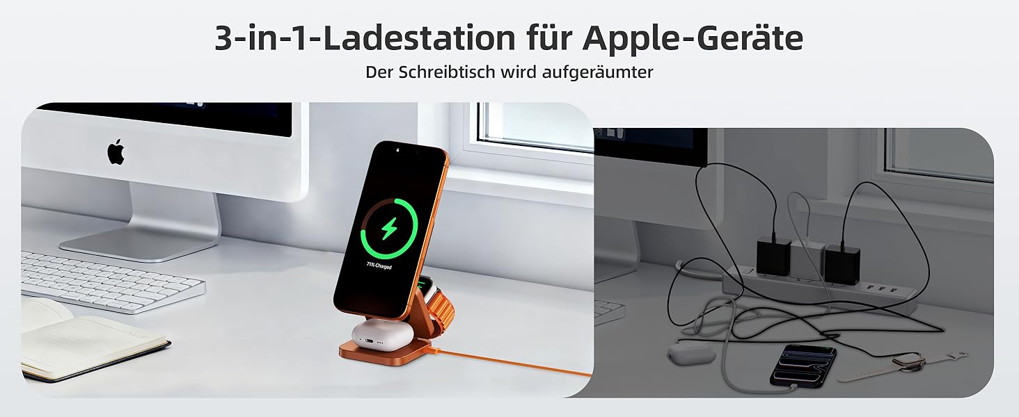 Зарядний пристрій KU XIU X55 Turbo Qi2.2 25W Magsafe 3-в-1: для Apple Watch, iPhone 17-12 та AirPods, помаранчевий