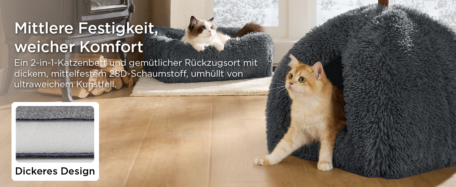 Ліжко для котів BEDSURE велике, 44x44x44 см, сіре. З м'якою подушкою та іграшкою. Легко миється. Внутрішній будиночок для кота.