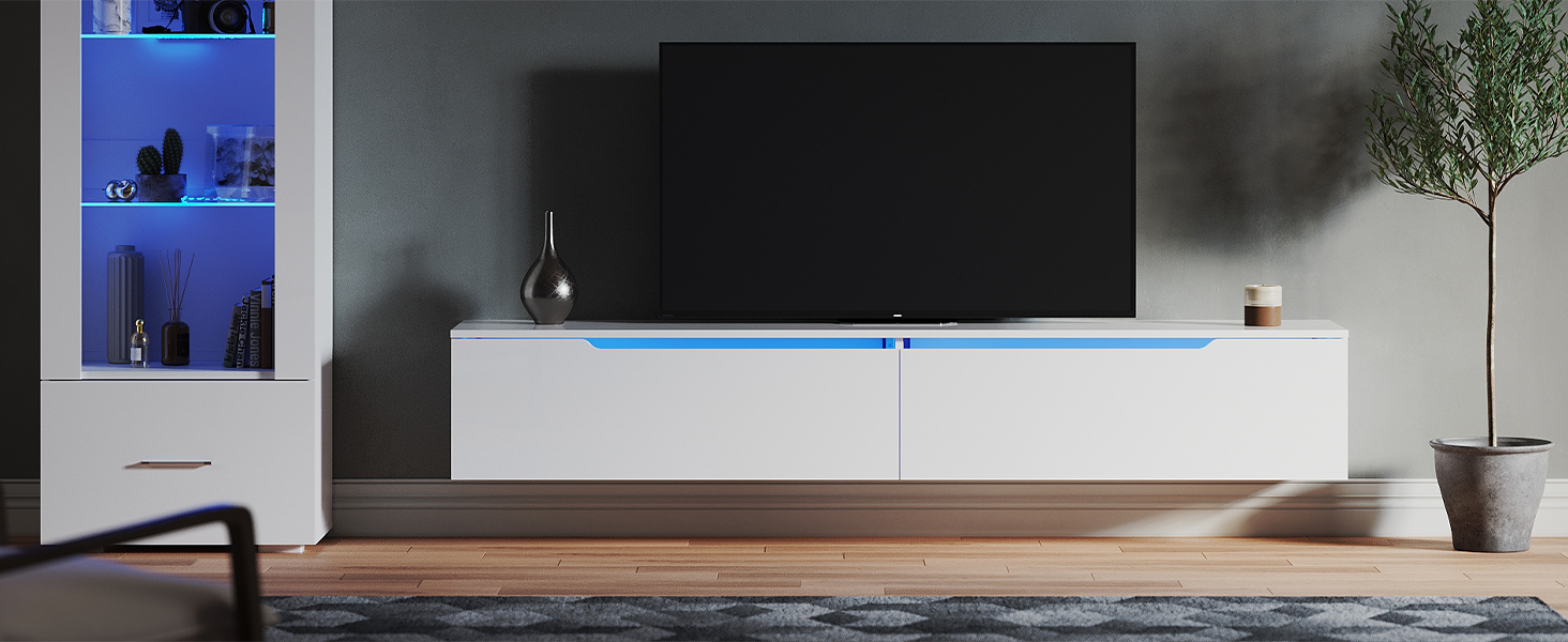 Підвісна ТВ тумба SONNI 180x35x30 см, білий глянець, з LED-підсвіткою 12 кольорів, без ручок, сучасний телевізійний стіл
