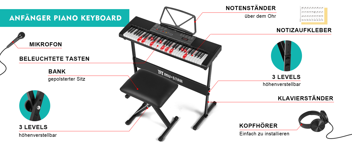 MUSTAR 61-клавішна клавіатура-піаніно для початківців, цифрова клавіатура з підсвічуванням, динаміками, стійкою, табуретом, навушниками, мікрофоном, підставкою для нот, 300 звуків та уроками гри, чорний колір