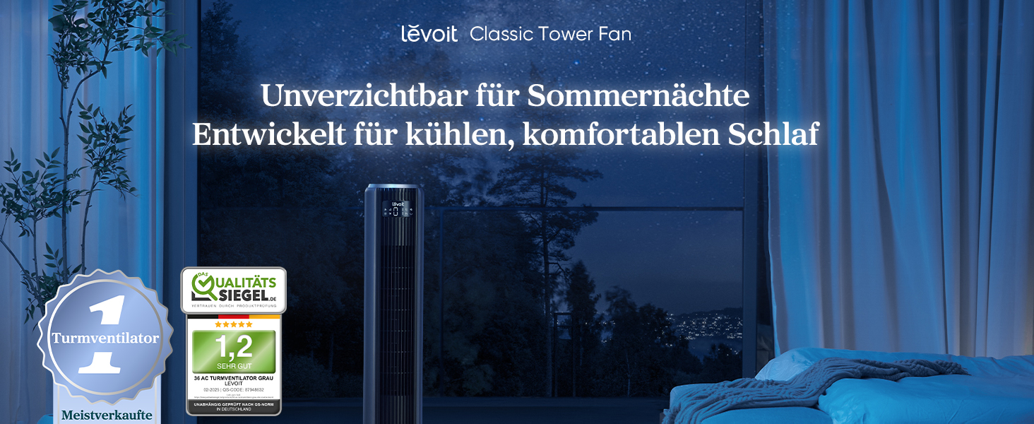 Вентилятор Levoit - Безшумний туровий вентилятор з охолодженням, з пультом дистанційного керування, з режимом сну, 5 швидкостей, 4 режими, таймер 12 год, сірий, висота 92 см