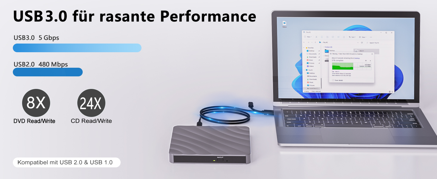 Зовнішній USB DVD/CD привід-записувач для ноутбука та ПК, оптичний накопичувач +/-RW ROM для Windows, MacOS, Linux (сірий/сріблястий)