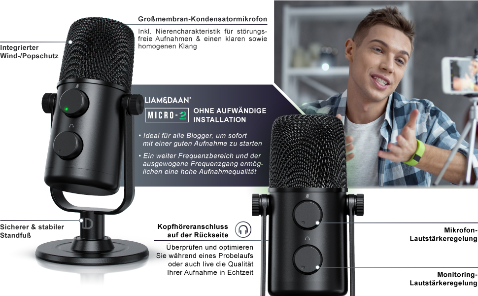 Конденсаторний мікрофон CSL з мікрофонною стійкою - Комплект для запису вокалу, подкастів, стрімінгу та геймінгу. XLR та 3.5mm підключення, велика мембрана, студійний мікрофон