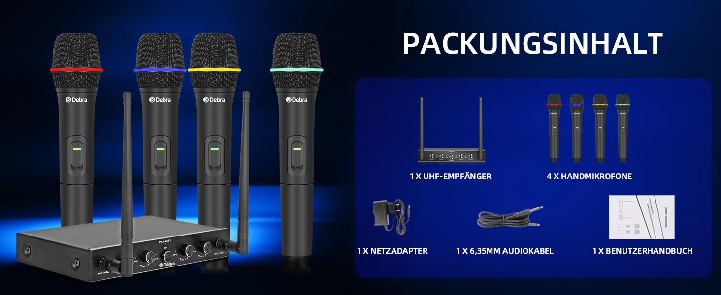 Debra 4-канальний UHF мікрофонний комплект, AU400: ручний, нагрудний, наголовний мікрофон для церкви, караоке, співу (2 ручні + 2 нагрудні мікрофони)