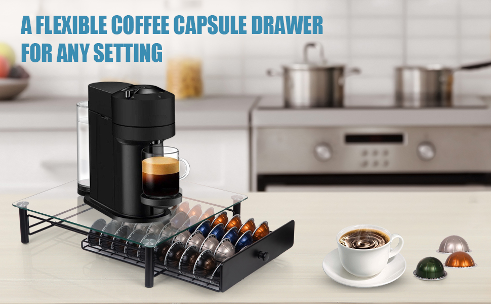 Висувна шухляда для капсул Nespresso Vertuo: органайзер на 40 капсул VertuoLine (1,35/2,7 л) - з безпечного скла, сумісна з Vertuo Next & Plus, розмір 37,5 x 33 x 8,9 см