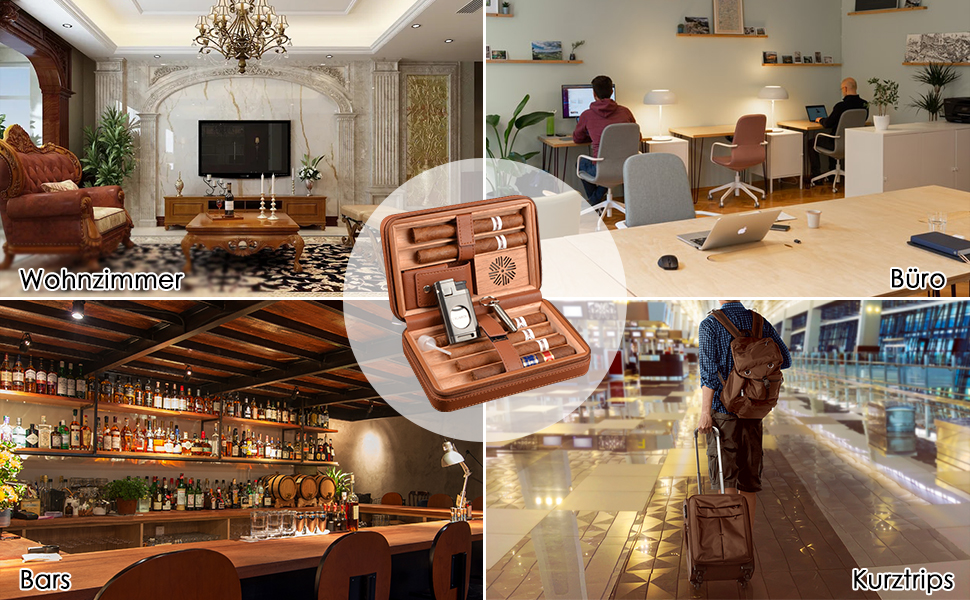 Чохол для сигар з шкіри, вологомір та запальничка 3-в-1, портативний, на 6 сигар, плоский різак, аксесуари, подарунок (чорний)