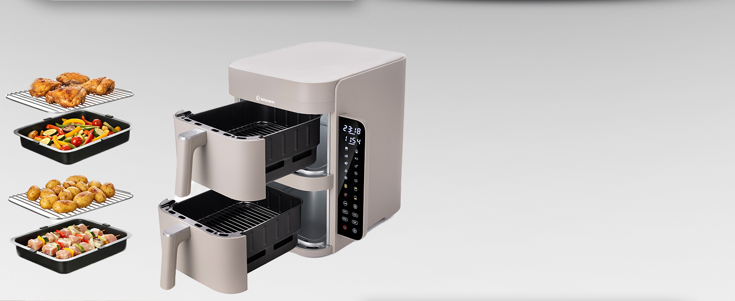 Аерофритюрниця з двома камерами LEHMANN XXL 12L, безмасляний Airfryer на 2800 Вт, 10 програм, антипригарне покриття, бежевий